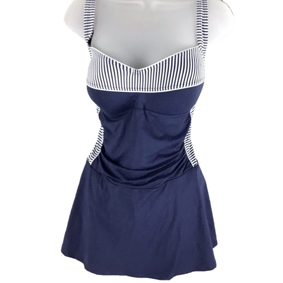 Nip Tuck size 10 swim dress nautical classic retro striped ruched slimming - Picture 1 of 12